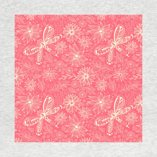 Dragonflies and flowers doodle pink by katerinamk